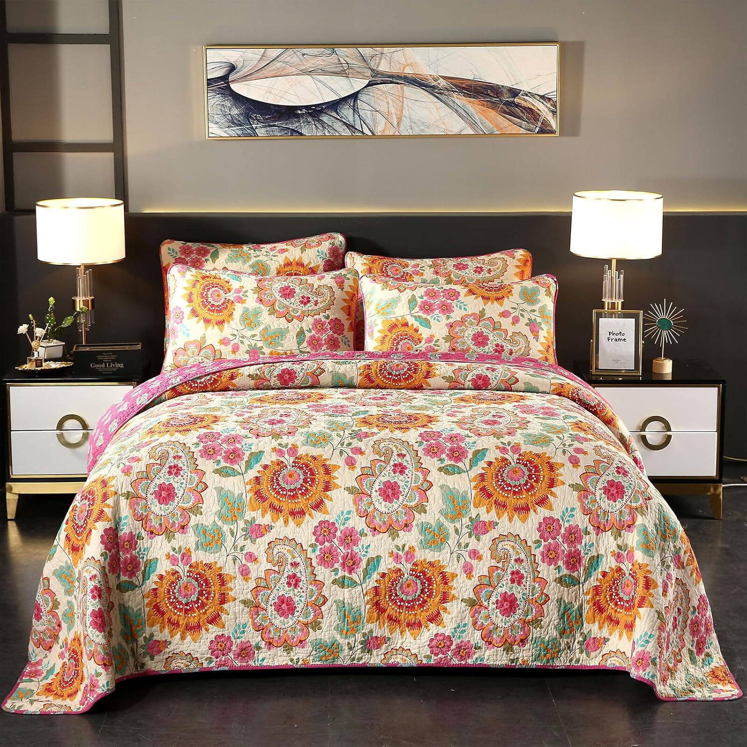 YASMENG 100 Cotton Boho King Quilt Set 3 Pc