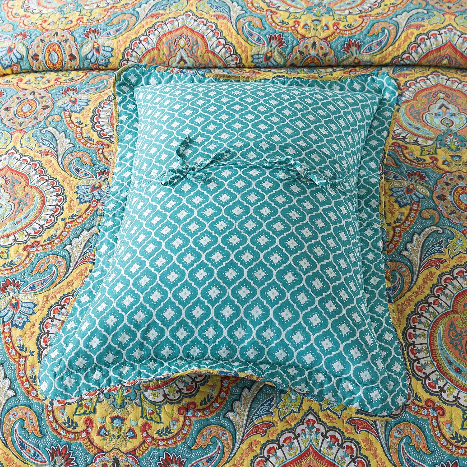 VAPUTAR Quilt Queen Bedding Set Yellow Blue 3 Pieces