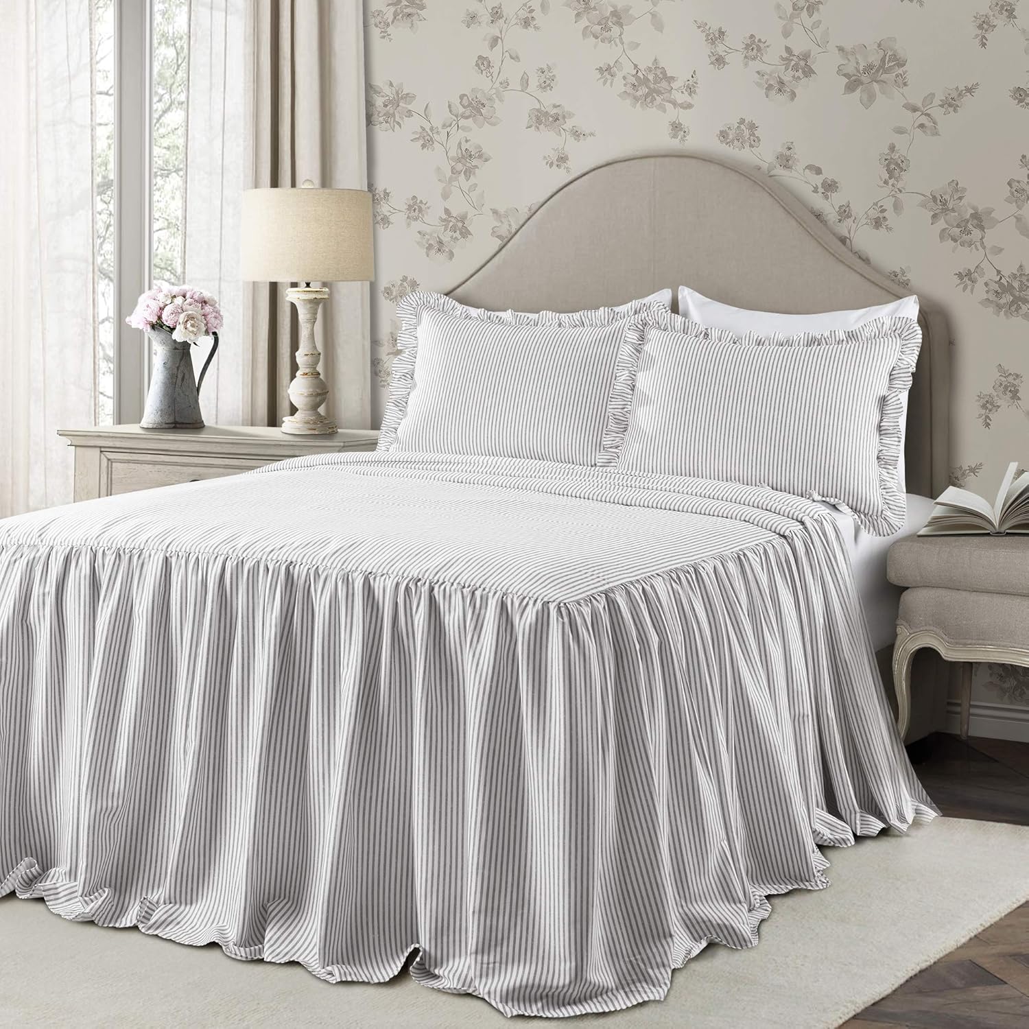 Lush Decor Gray Ticking Stripe Bedspread Set King 3 Piece