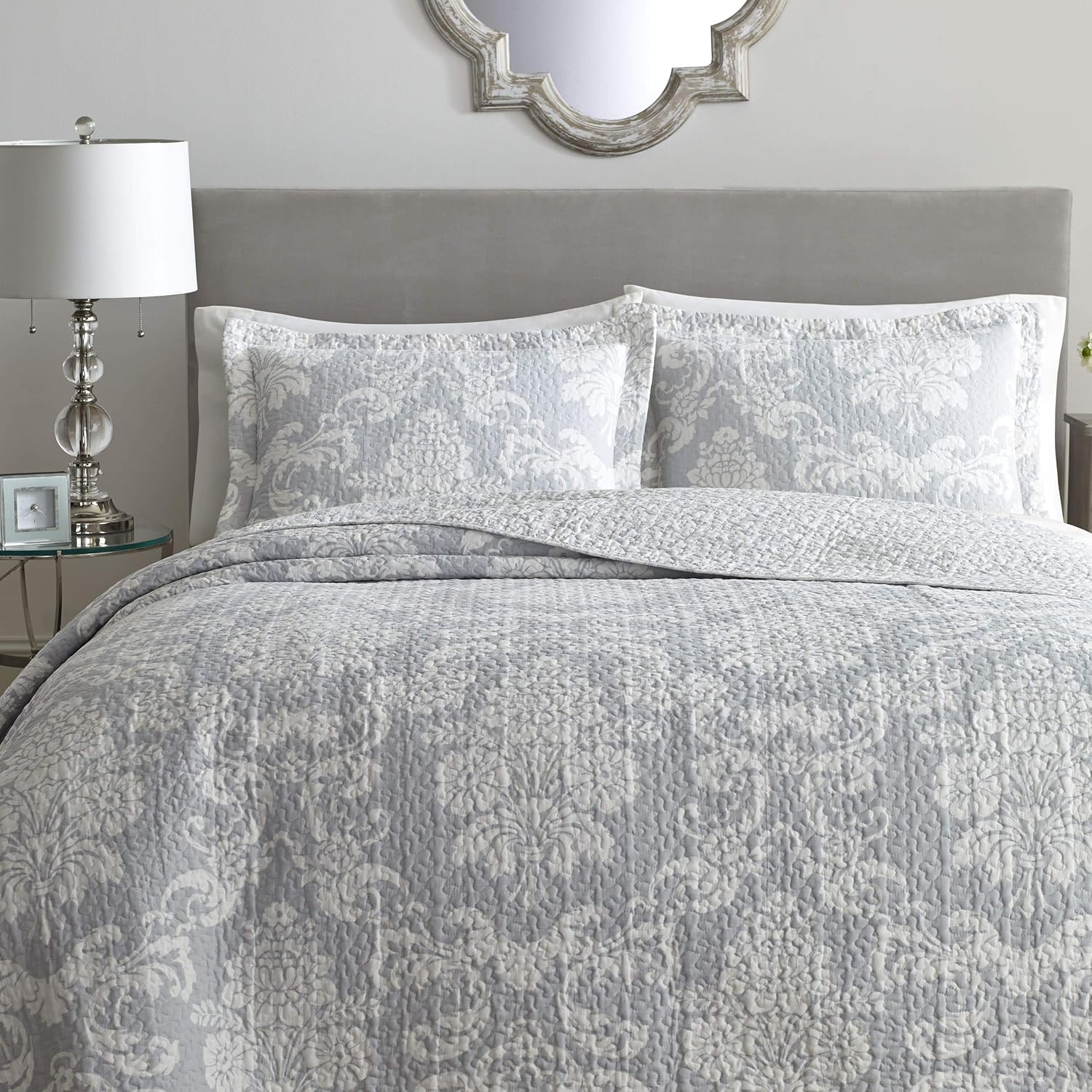 Laura Ashley Queen Quilt Set with Shams Venetia Grey 100 Cotton Reversible Bedding