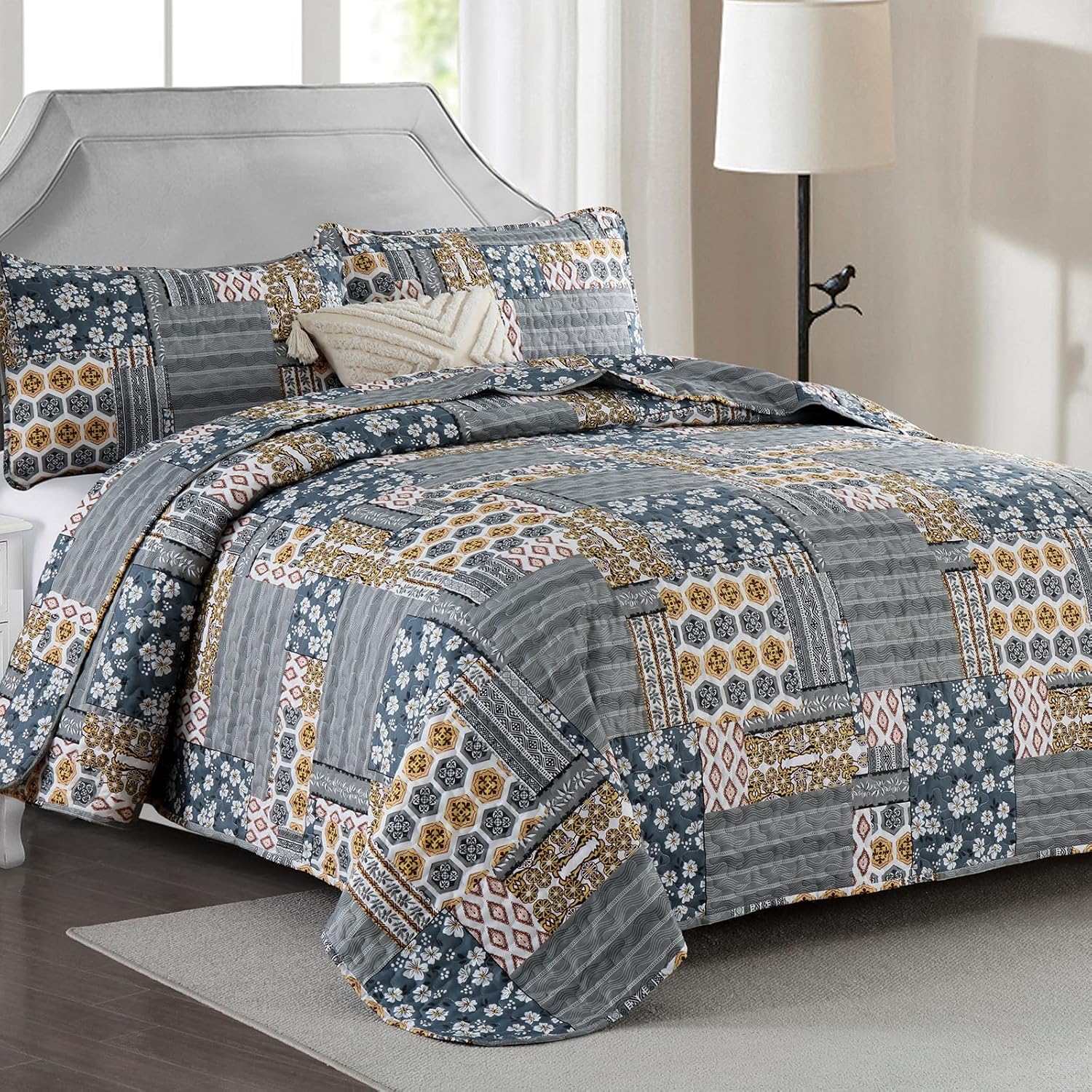 Mybedsoul Dark Grey Plaid Quilt Set King Size