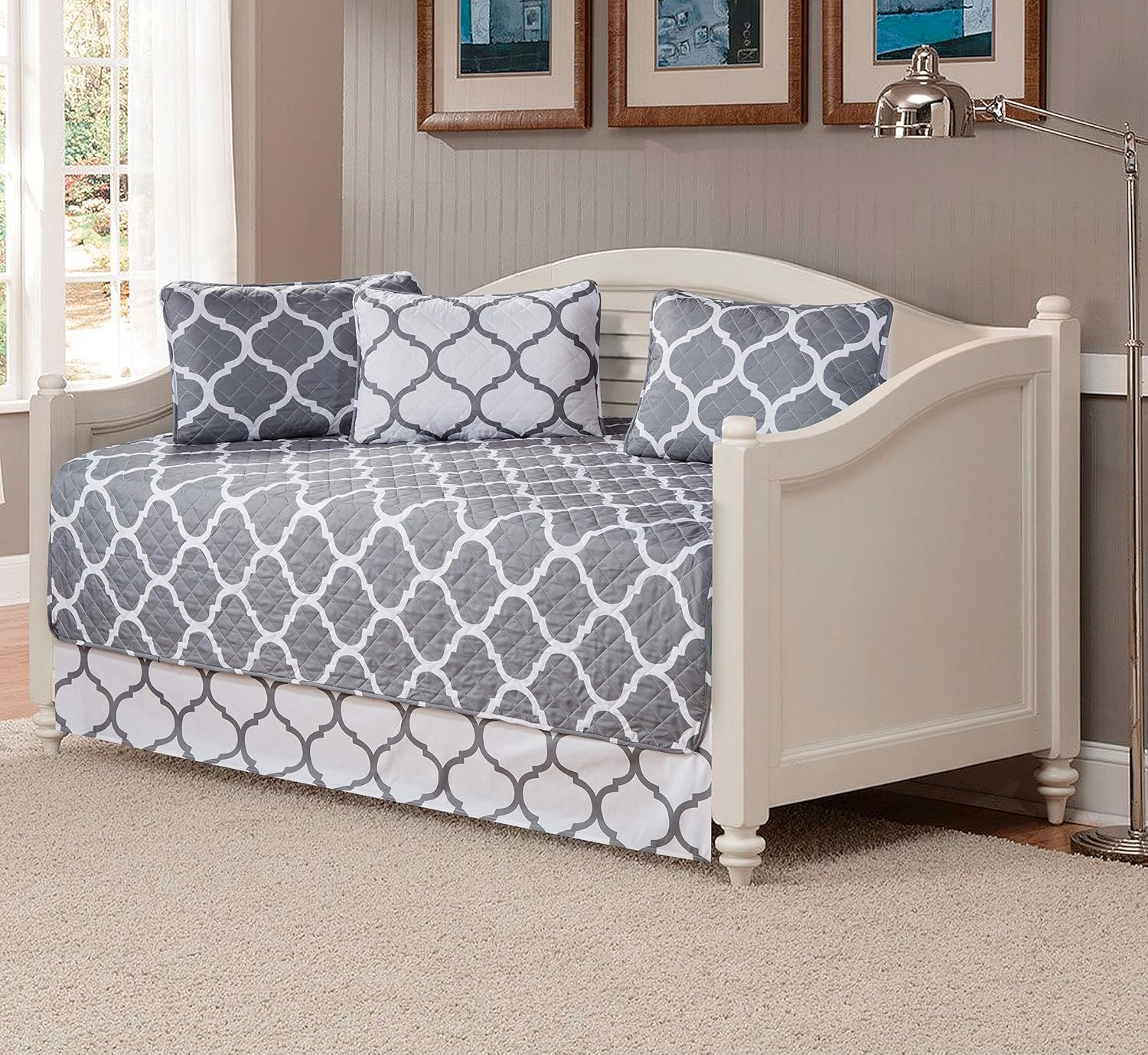 Fancy Collection 5pc Day Bed Cover Set Modern Geometric Grey White