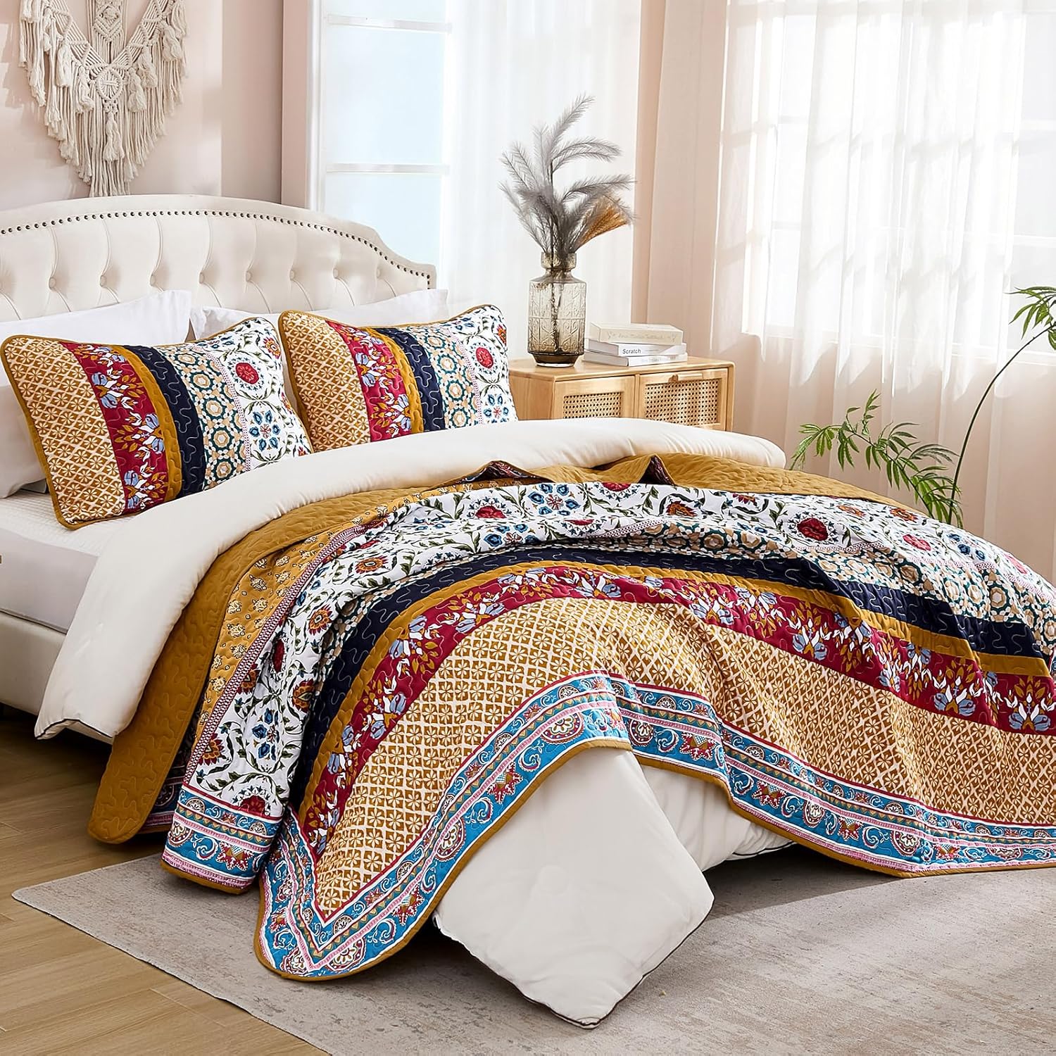 Yiran Boho Quilt Set Queen Size Tango Orange Patchwork Bedspreads