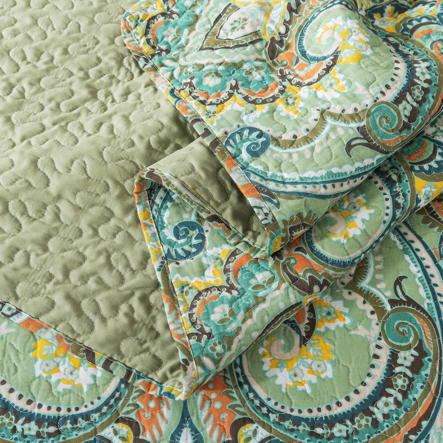 NEWLAKE Reversible Patchwork Quilt Set - European Green Floral California King