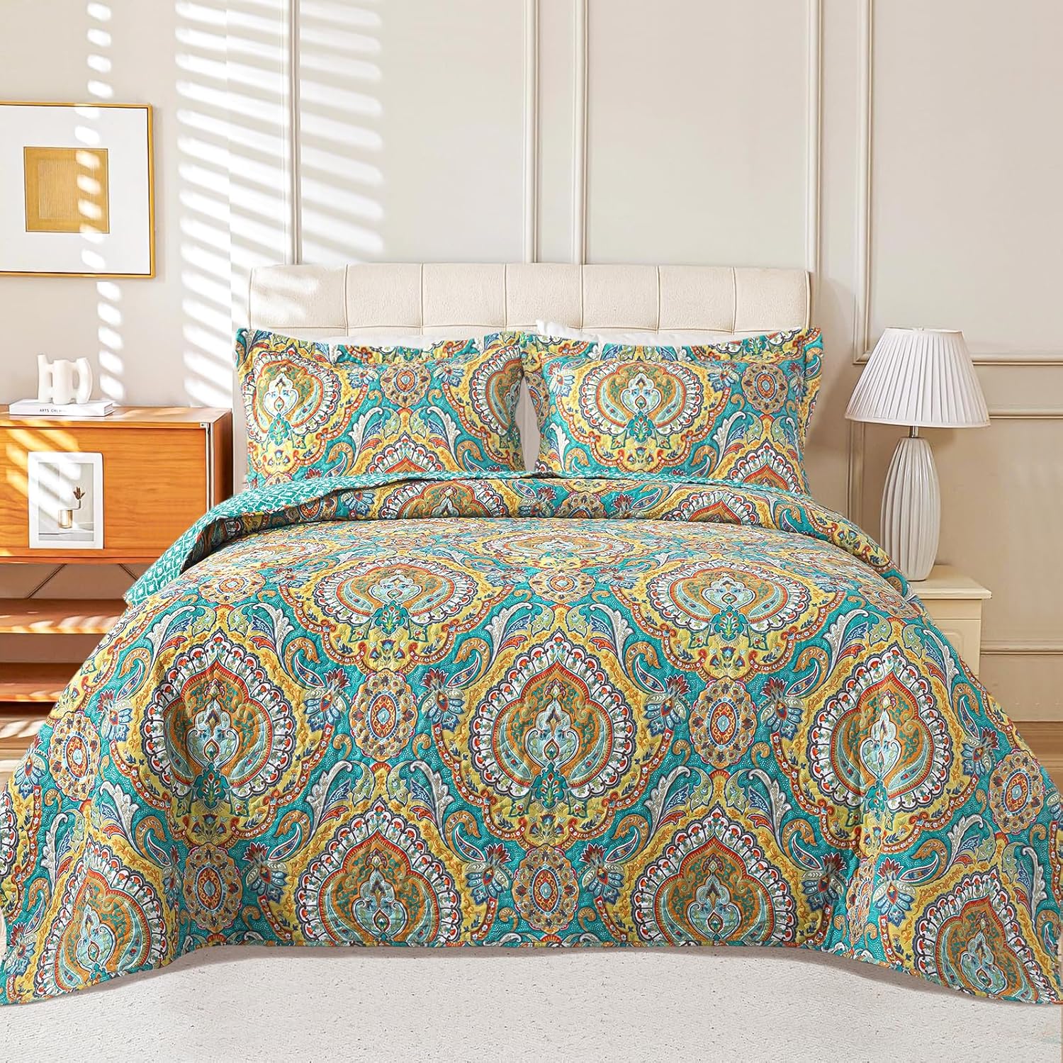 VAPUTAR Quilt Queen Bedding Set Yellow Blue 3 Pieces