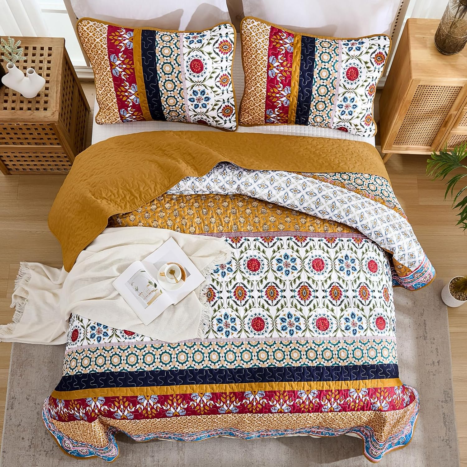 Yiran Boho Quilt Set Queen Size Tango Orange Patchwork Bedspreads