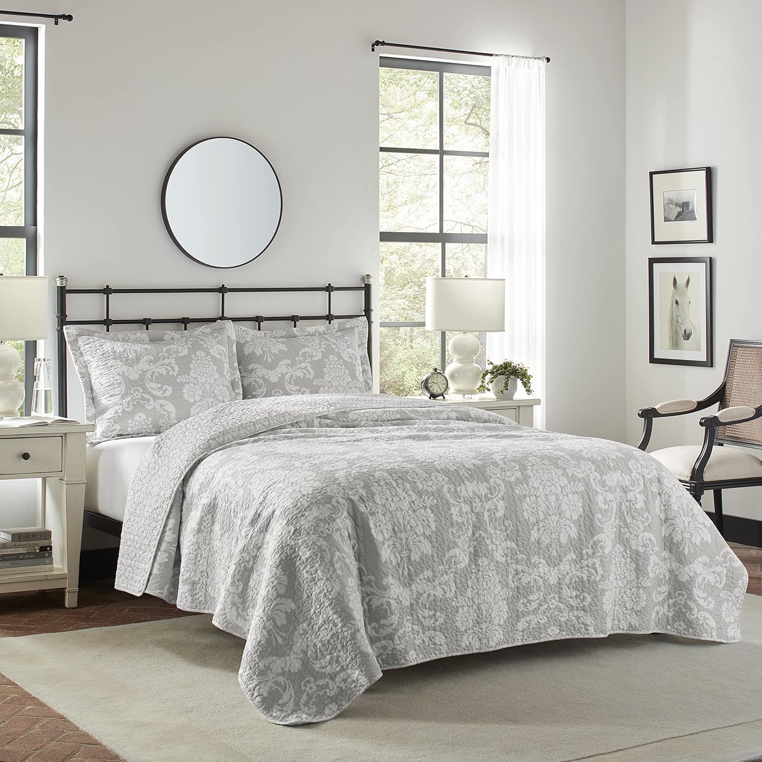 Laura Ashley Queen Quilt Set with Shams Venetia Grey 100 Cotton Reversible Bedding