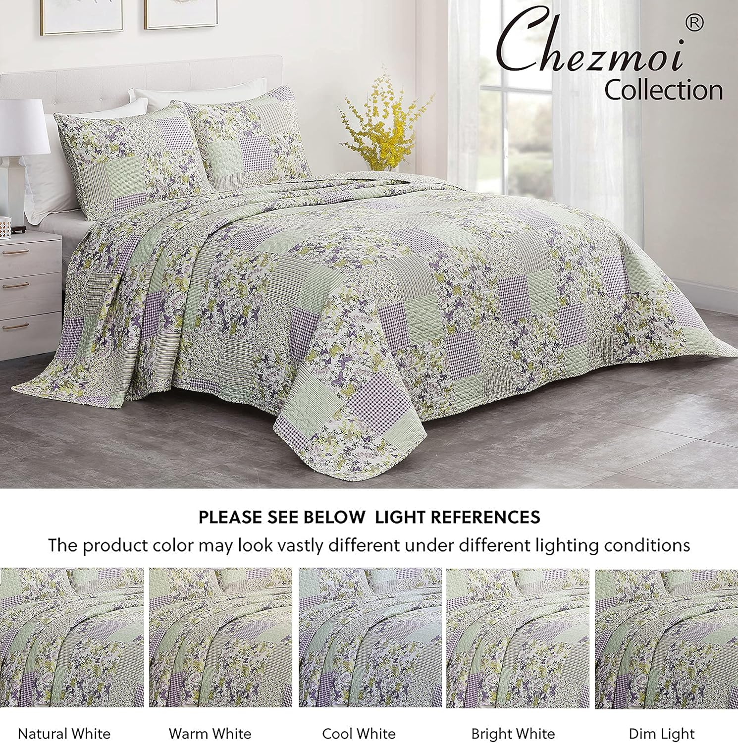 Chezmoi Daisy 3-Piece Quilt Set - Purple Butterfly Botanical Print